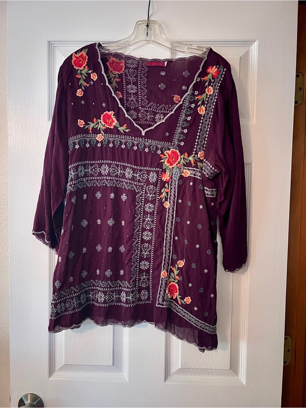 Johnny Was Plum Embroidered Floral V-Neck Tunic